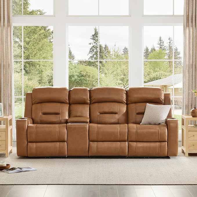 Watson & Whitely Genuine Leather Power Recliner Sofa, Lay Flat Reclining Sofa with Storage Console, Power Headrest & Cup Holders, 3 Seater Electric Reclining Couch for Living Room, Saddle Brown