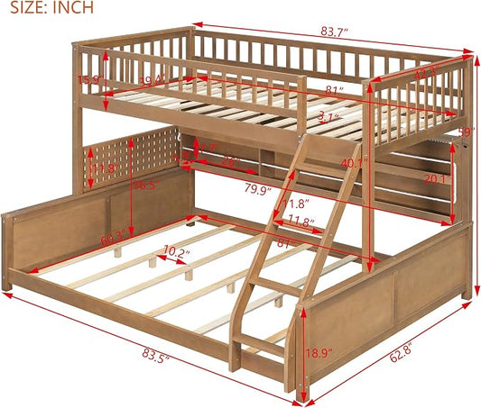 Merax Twin Over Queen Bunk Bed,Wood bunk Bed with LED,Bed with Integrated Shelving, Color-Changing Lights and Pegboard, Twin XL Over Queen, Brown