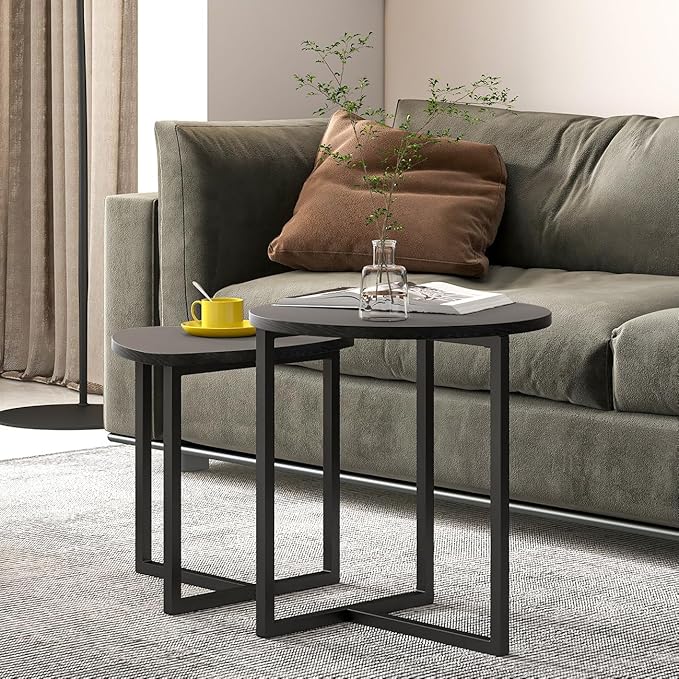HOJINLINERO Coffee Table Side Tables End Tables Living Room Set of 2,Round Small Coffee Table Decor for Bedroom,Modern & Sturdy Metal Frame & Wood Top,Easy Assembly,Black