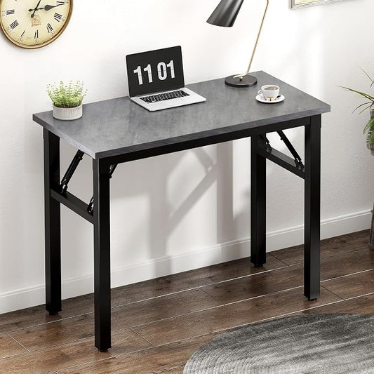 Need 31.5 Inch Folding Desk for Small Spaces, Home Office Computer Desk with Grey Wood Top & Black Frame, Foldable Writing Table for Study, Bedroom, Dorm Room & Student