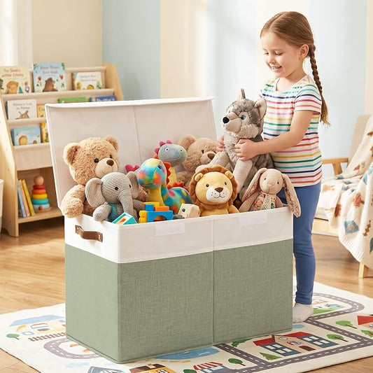 Bagnizer Large Toy Storage Box with Lids, Collapsible Sturdy Baby Storage Organizer Chest Bin Basket for Kids, Boys, Girls, Playroom, Nursery, Bedroom, Closet 25"x13"x16" (Green and White)