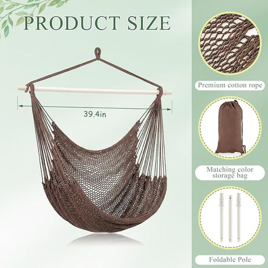 Barydat 2 Pcs Hanging Hammock Chair Boho Swing Chair Outdoor Indoor Comfy Soft Cotton Rope Weaving with 40 Inch Detachable Metal Bars for Backyard Living Room Garden, 270lb Capacity (Dark Brown)