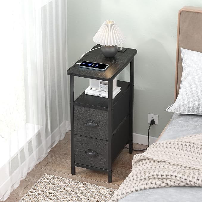 sthmec Narrow End Table with Charging Station, Narrow Side Table with 2 Fabric Drawers, Slim Nightstand, Skinny Bedside Table, Small Side Table for Small Spaces, Living Room, Bedroom, Black