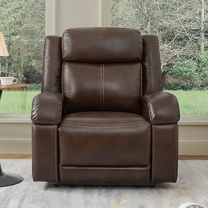 Watson & Whitely Oversized Genuine Leather Power Recliner Chairs for Big and Tall, Wall Hugger Recliner with Power Headrest & Charging Ports, Extra Large Reclining Chair for Living Room, Dark Brown