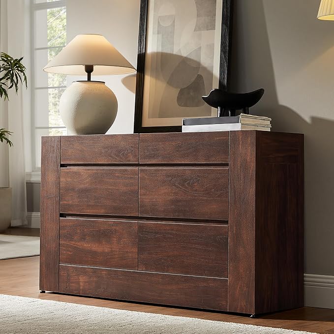 OKD 6 Drawer Dresser for Bedroom, 54" Wide Chest of Drawers with Thick Wood Design, Handleless, Modern Bedroom Dresser, Storage Organizer for Living Room/Entryway/Hallway, Dark Walnut