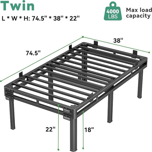 Superay Twin Bed Frame, 22 inch Metal Bed Frame & Box Spring 2 in 1 Platform with Rounded Legs, Double Layer Bed Frame with Matress Gasket & headboard Adapter, Support Up to 4000lbs