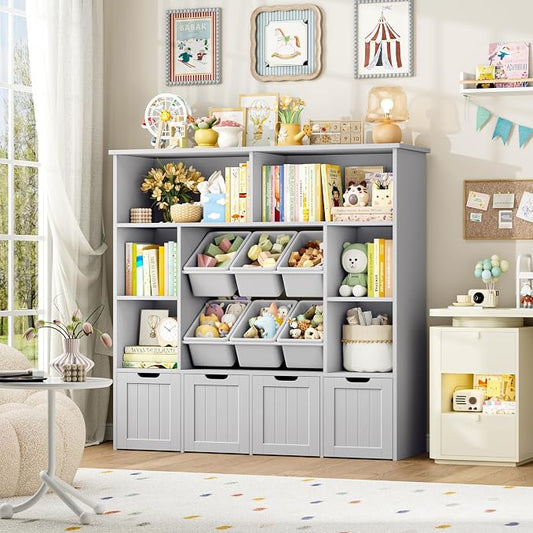 FINETONES Toy Storage Organizer with 6 Toy Bins, Toy Organizer Kids Bookshelf with 4 Movable Drawers and 6 Storage Cubbies, Toy Bins for Kids Organizer Playroom Storage for Living Room, Grey