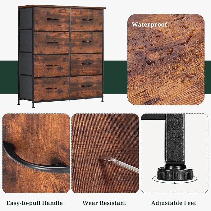 8-Drawer Dresser for Bedroom, Anti-Tip Tall Storage Organizer Chest of Drawers with Wooden Top and Metal Frame Fabric Bins for Closet, Living Room, Hallway, Entryway, Brown