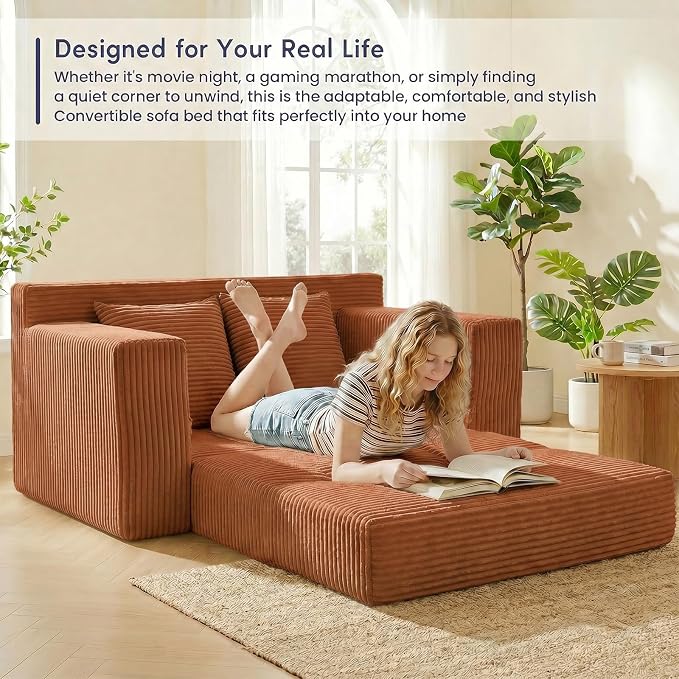 cidludto Convertible Sofa Bed, Boneless Couch 2 in 1 Loveseat Folding Couch Bed Foldable, Chair Bed & Futon Sofa Bed, Small Corduroy Pull Out Sofa with 4 Pillows for Living Room, Orange