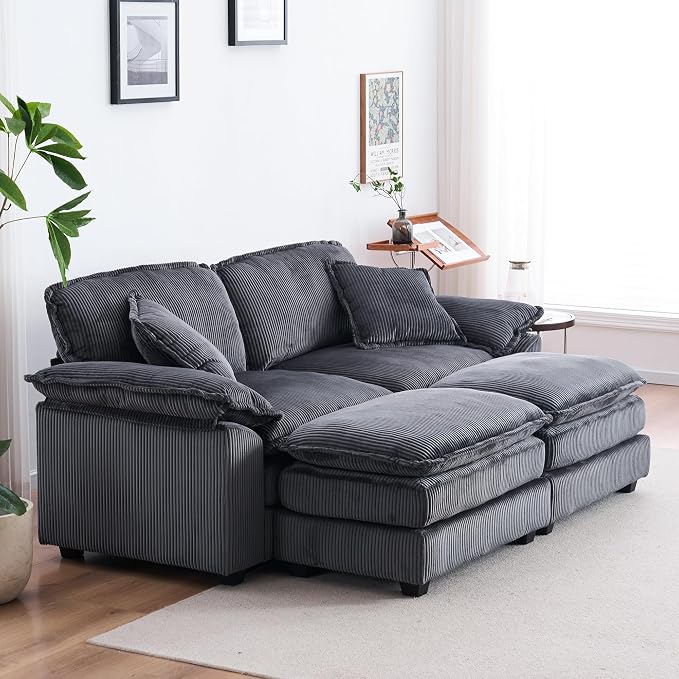 84.6” Corduroy Loveseat with Ottoman, Oversized Double Chaise Lounge Chair Indoor Deep Seat Two Seater Couch Cloud Couch Modular Sectional Sofa for Living Room(Corduroy Grey)