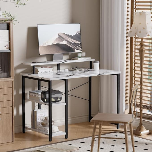 Pamray 33.5 Inch Small Computer Desk with Monitor Stand and Shelves | Sturdy, Space-Saving, Easy Assemblely, Suitable for Bedroom, Office, Apartment and Dorm, Used for Writing and Studying