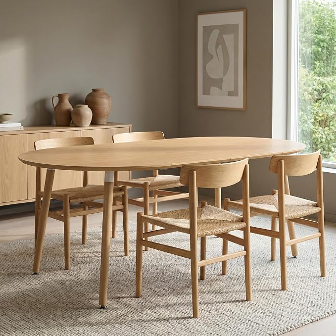 Extendable Round Dining Table for 4 6 Wooden Dining Room Table 39" to 70" Modern Kitchen Table for Dining Room Office Expandable Oval Dinner Table with MDF Top Natural Wood