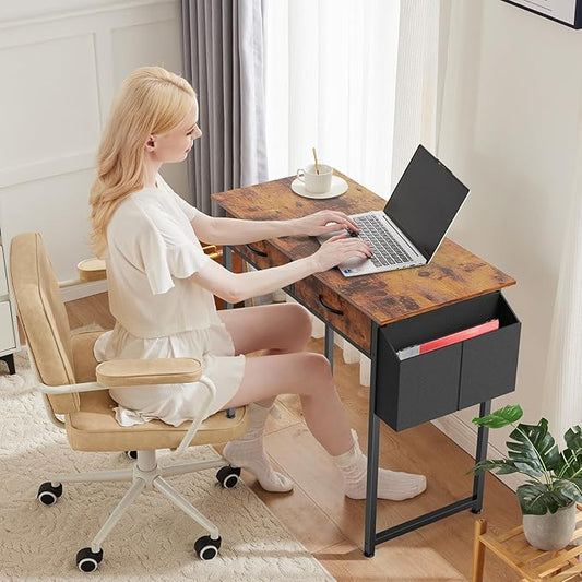 DUMOS 32" Home Office Computer Desk with Drawers, Small Gaming Writing Study Table with Storage Side Bag, Headphone Hook and Adjustable Feet for Bedroom Rustic Brown