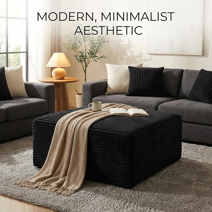 Oversized Boneless Ottoman for Living Room – Plush Square Corduroy Upholstered Couch Ottoman, Modern Low-Profile Footrest for Sectional & Modular Sofa-Black