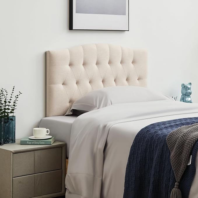 Tufted Upholstered Twin Headboard Only, Adjustable Heige 38-50 in, Beige | Twin Size Headboard for Dorm Bed, Durable Linen Fabric Headboards, Twin XL Headboard with Modern Diamon Design Wood