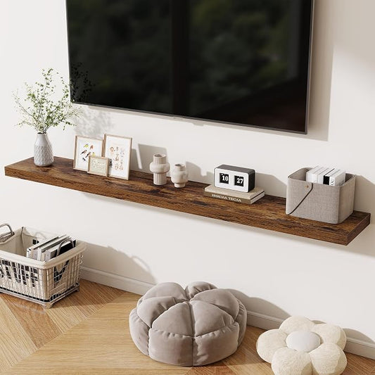 Fun Memories 72 Inch Fireplace Mantel Shelf, 10 Inch Deep Shelves for Display & Wall Storage, Rustic Wood Wall Shelf, Extra Long Floating Shelves for Living Room Laundry Room, Rustic Brown, Set of 2