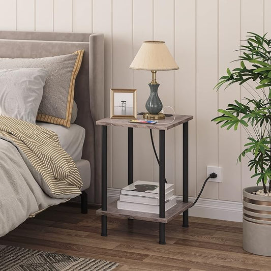 HOOBRO Side Table with Charging Station, Set of 2 End Tables with USB Port and Outlets, Nightstand with 2-Layer Storage Shelves for Small Spaces, Living Room, Bedroom, Greige and Black BG09UBZP201