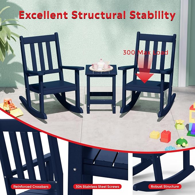 Costaelm Paradise Kids 3-Piece Outdoor HDPE Plastic Square Side Table and Rocking Chairs Set, Navy Blue