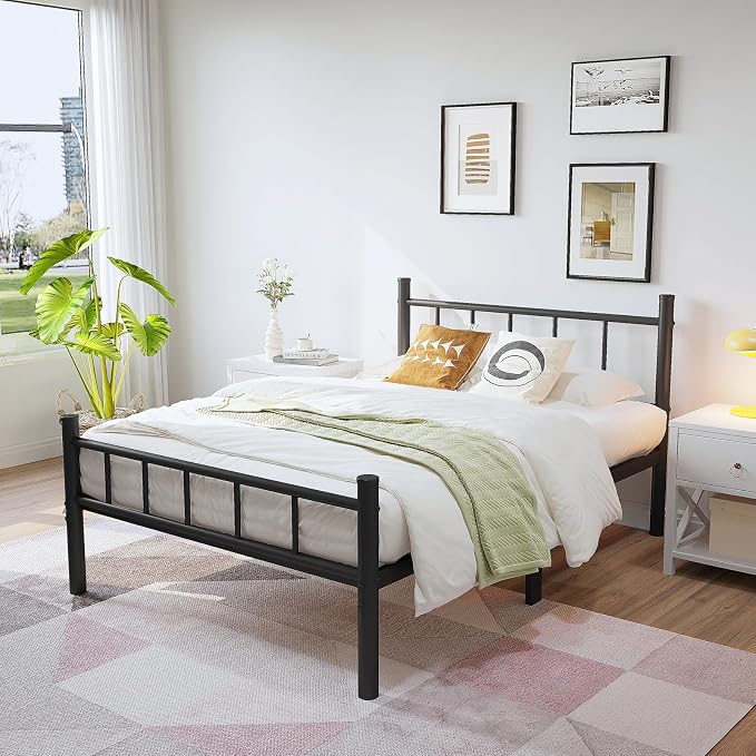 zizin Twin-XL Size Metal Bed Frame with Headboard & Footboard 14 Inch Metal Platform Mattress Foundation Support with Steel Slat, Under Bed Storage, No Box Spring Needed