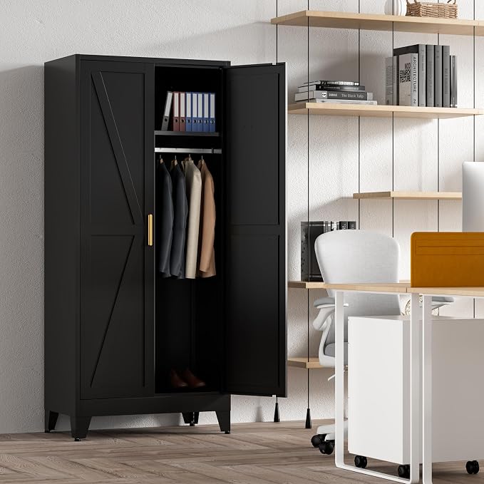 Washsemba 71'' Farmhouse Metal Wardrobe Cabinet with Hanging Rod, 2 Barn Door Wardrobe Closet with 5 Adjustable Shelves,Drawer,for Dining Room,Bedroom,Living Room, Cloak Room,Office (Black)