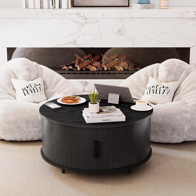 COSIEST Round Coffee Table with Storage, 31.5" Modern Black Coffee Table with 360° Sliding Door, Fluted Wood Accent Center Table with Adjustable Footpads for Living Room
