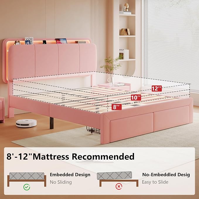 Feonase Queen Upholstered Bed Frame with Headboard and 2 Storage Drawers, Built-in Charging Station, Velvet Platform LED Bed with Solid Wood Slat Support, No Box Spring Needed, Pink