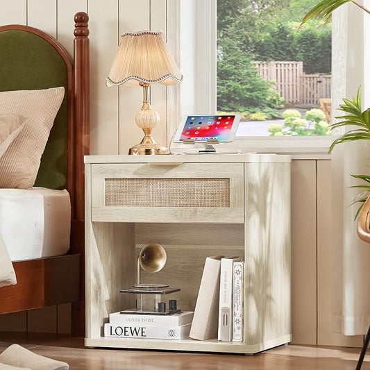 LEYAOYAO Rattan Nightstand with Charging Station, Grey White Night Stand with Drawer, 23" Wide Boho Bedside Table with Storage Shelf, Bed Side End Tables for Bedroom, Living Room, Hallway