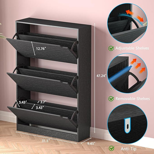 BORNOON Shoe Storage Cabinet with 3 Flip Drawers,Narrow Shoe Rack Cabinet,Freestanding Organizer Storage for Entryway, Hallway, Black