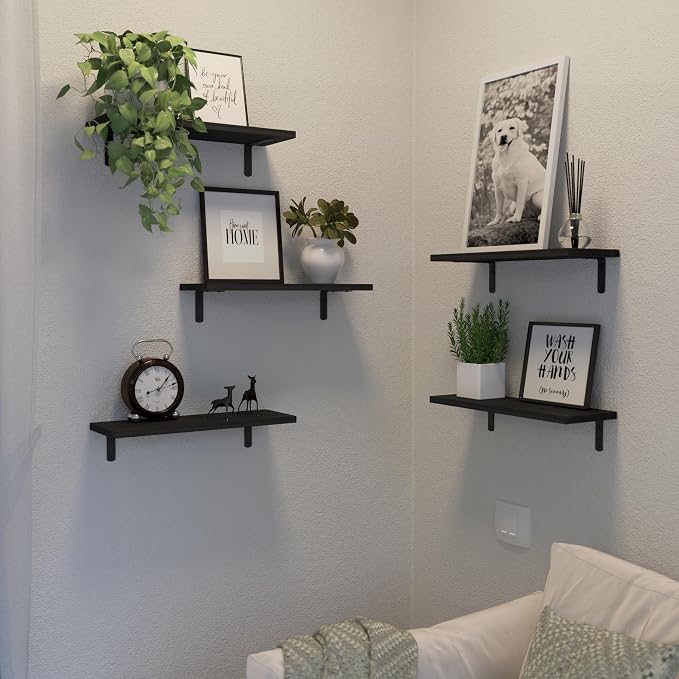 DOLLFIO Floating Shelves, 5 Sets Wall Shelves, Wood Floating Shelves for Bedroom Wall Décor, Wall Mounted Floating Bathroom Shelf for Storage, Floating Book Shelf, Living Room – Black