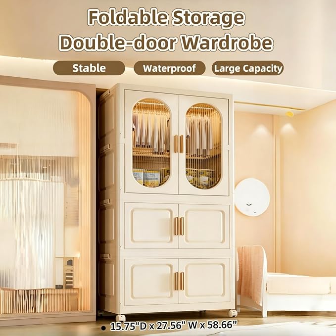 Foldable Storage Cabinet with 2 Storage Bins, 3-Tier Portable Closet Organizer with Doors, Modular Folding Armoire with Wheels for Nursery Room Organization, Clear