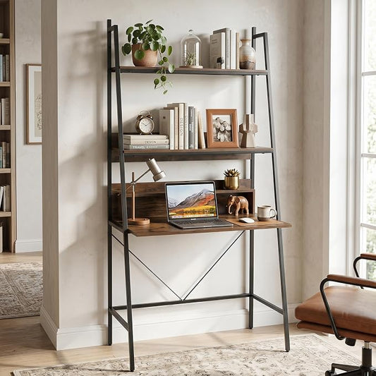 Tangkula 3-Tier Ladder Computer Desk, 71 Inch Modern Writing Desk with Storage Shelves, PC Laptop Workstation, Ladder Bookcase Stand Shelf with Metal Frame, Study Shelf Desk for Home Office (Brown)