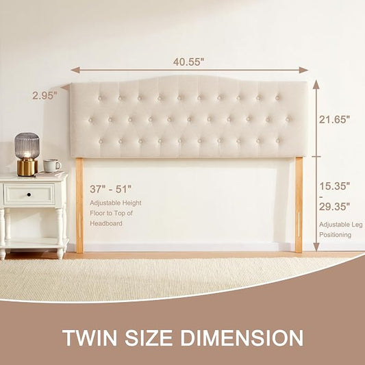 Tufted Headboard Twin Size, Solid Wood Adjustable Height Head Board, Beige | Upholstered Twin XL Headboard Only, Durable Solid Wood Legs, Adjustable Height 37-51 in, Fabric Button Diamond HeadBoards