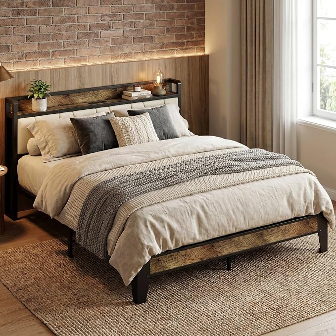 LIKIMIO Queen Bed Frame, Storage Headboard with Charging Station, Solid and Stable, Noise Free, No Box Spring Needed, Easy Assembly (Walnut and Beige)