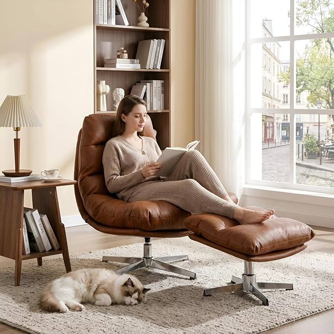 BESTANO Swivel Accent Chair with Ottoman, Mid Century Modern Faux Leather Lounge Chair with footrest, Comfy Oversized Armchair with 360 Degree Metal Base for Living Room Bedroom, Brown