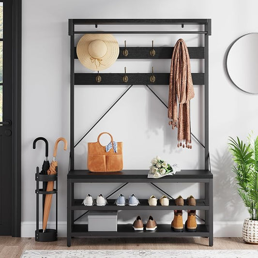 IDEALHOUSE Industrial Hall Tree with Bench and Shoe Storage, 3-in-1 Entryway Mudroom Organizer with 8 Coat Hooks, Heavy Duty Standing Clothes Rack for Hallway, Black