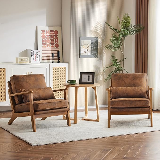 Karl home Mid-Century Lounge Accent Chair, Brown | Wide Curved Armrest, Bronzing Cloth, Lumbar Pillow Included, Solid Wood Frame, For Living Room, Bedroom, Balcony, Apartment