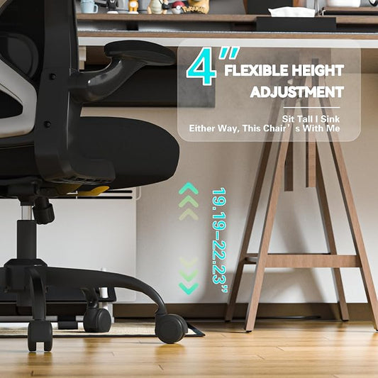 Ergonomic Home Office Chair – 4-Way Lumbar Support, 3.54" Extra-Thick Seat Cushion, Breathable Mesh Back, Flip-Up Arms, Swivel Computer Desk Chair for All-Day Sitting, 330LBS