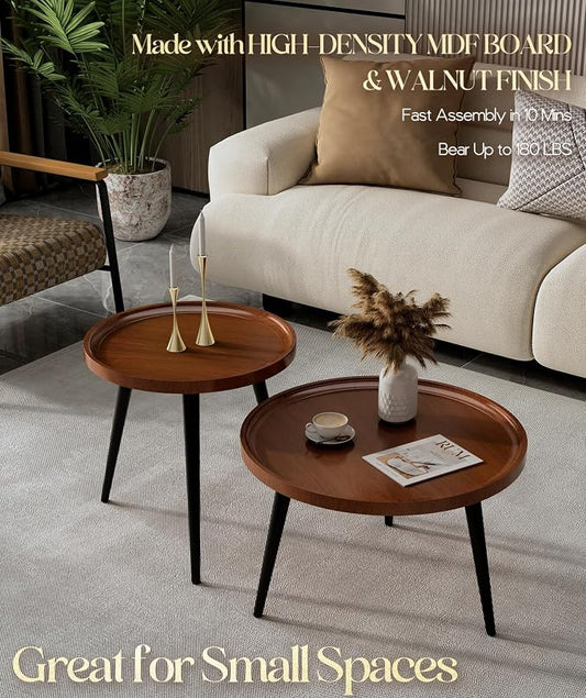 2-Piece Walnut Coffee Table,Durable Mid Century Small Round Coffee Tables for Living Room,Easy Assembly Modern Nesting Coffee Tables Set,Circle Side Tables for Sofa Bedside Balcony