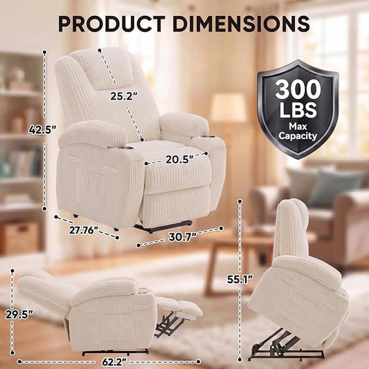 Flamaker Power Lift Chair Massage Recliner Chairs for Elderly, Corduroy Ergonomic Design with Cup Holders & Side Pockets, Remote Control (White)