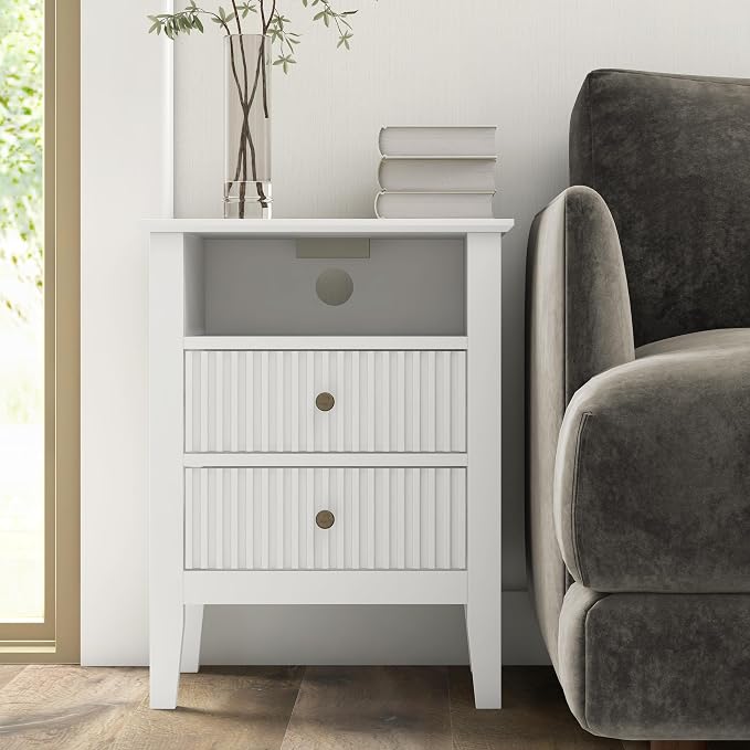 RoyalCraft White Nightstand with Charging Station, Fluted Night Stand for Bedroom, Small Sofa Table with 2 Storage Drawers Cabinet, Wood End Table for Bedroom