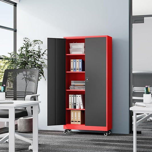 Fesbos Metal Rolling Storage Cabinet-74.6” Tall Steel File Cabinets with Wheels Lockable Doors and Adjustable Shelves-Black & Red Steel Storage Cabinet for Home, School, Office, Garage