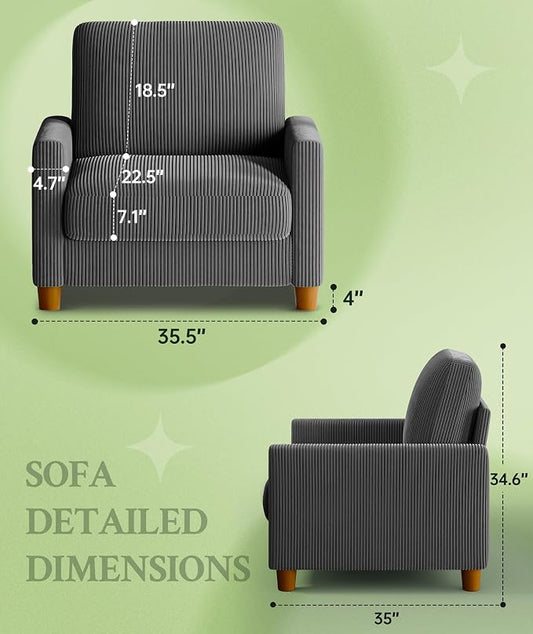 Welzona 35.3" Couches for Living Room, Comfy Grey Couch Single with 22.5" Deeper Seat, Accent Chair Tool-Free Setup, Reading Chair 440lbs Support, Corduroy Couch for Bedroom, Apartment, Office