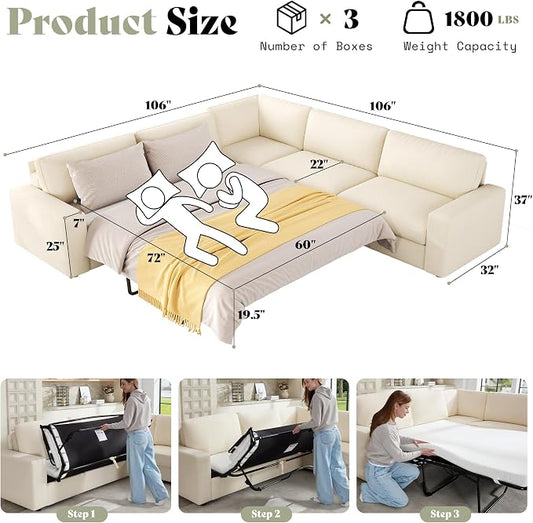 AMERLIFE 106" Oversized Sofa Bed, Sectional Sleeper Sofa with Pull Out Bed, 3 in 1 Convertible Sofa Bed, L Shaped Couch with Storage, High Resilience Mattress, Chenille Beige