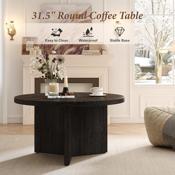 Luoxiao Round Coffee Table, 27.5" Modern Black Living Room Center Tables | Space-saving, Triangle Base w/ Anti Slip Feet for Stability, Circular Accent Table for Small Spaces, Apartment, Easy Assembly