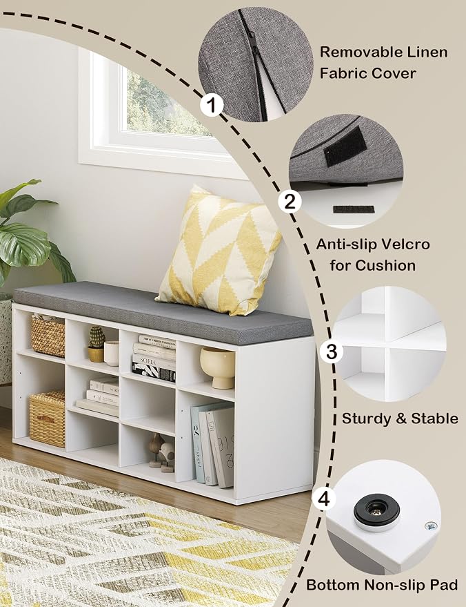 DINZI LVJ Shoe Storage Bench with Cushion, Cubby Shoe Rack with 12 Cubbies, Adjustable Shelves, Multifunctional Shoe Organizer Bench for Entryway, Mudroom, Hallway, Closet and Garage, White