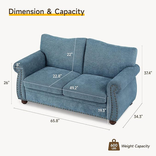 ONBRILL Nailhead Sofa, 66 Inch Small Couch with Rolled Arms, Chenille Fabric Loveseat w/Springs Seat Cushion, Vintage Curved Back, Turned Wood Legs, Comfy Couch for Living Room, Farmhouse, Teal
