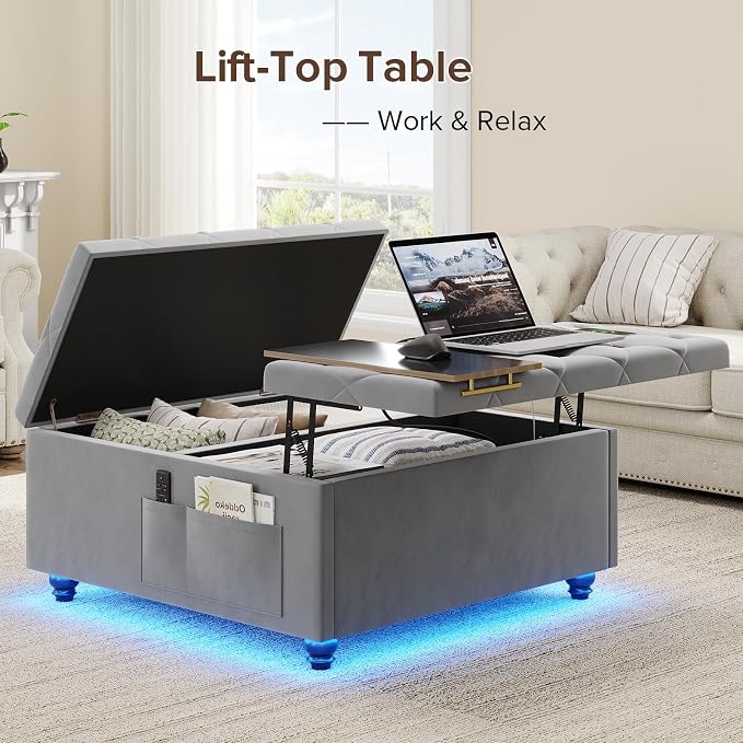 Dnxao Large Square Storage Ottoman with Lift Top,Tufted Velvet Ottoman Coffee Table with Charging Station and LED Lights,Multi-Functional Footrest with Storage Pockets & Tray for Living Room,Gray