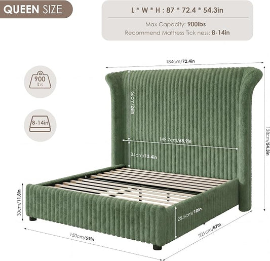 Keyluv Queen Bed Frame with 54” Tall Faux-Fur Wingback Headboard, Upholstered Platform Bed with LED Light, Mattress Foundation with Solid Wooden Slats Support, No Box Spring Needed, Noise-Free, Green