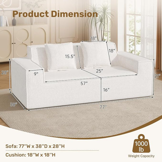Luxanimarion 77'' Modern Small Loveseat, No Assembly Required Cloud Sofa Cloud Sofa Boneless Couches with 2 pcs Pillows for Living Room, Apartment(Polar Fleece-Beige)