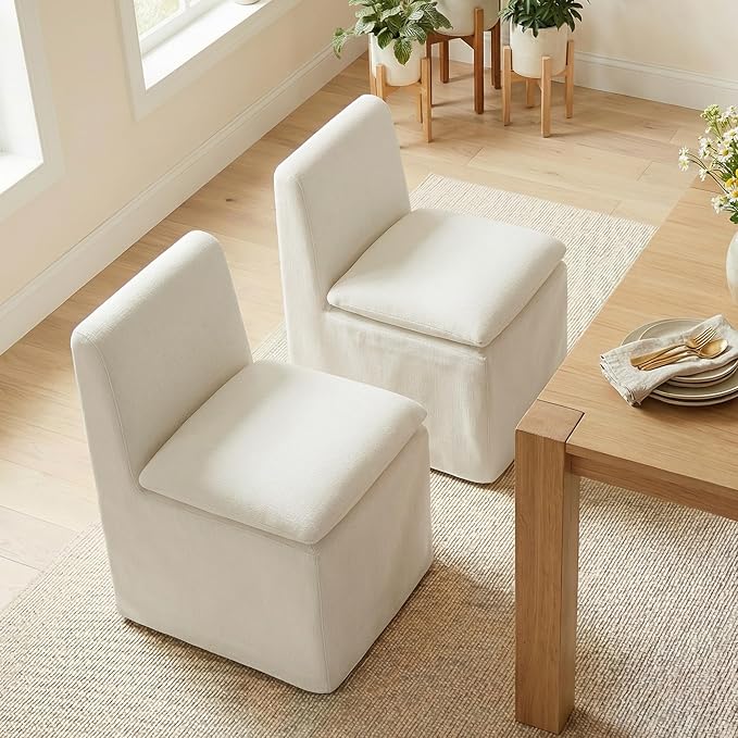 KISLOT Upholstered Dining Chairs Set of 2 with Casters, Modern Armless Kitchen Chairs with Removable Washable Cover, Chenille Velvet Fabric, Sturdy Metal & Wood Frame, 19.5" Seat Height, Linen